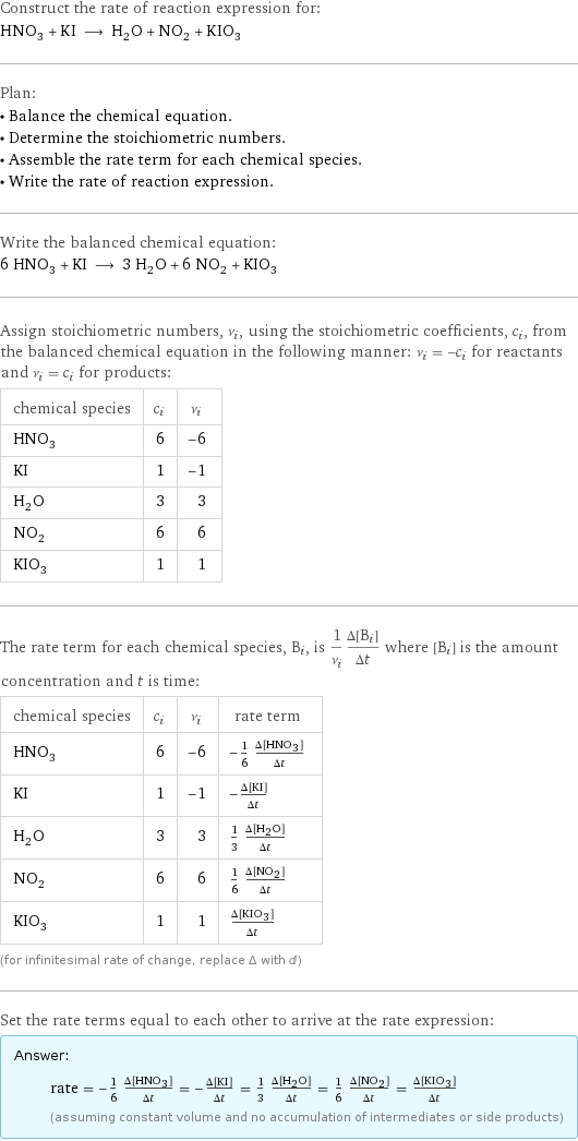 Construct the rate of reaction expression for: HNO_3 + KI ⟶ H_2O + NO_2 + KIO_3 Plan: • Balance the chemical equation. • Determine the stoichiometric numbers. • Assemble the rate term for each chemical species. • Write the rate of reaction expression. Write the balanced chemical equation: 6 HNO_3 + KI ⟶ 3 H_2O + 6 NO_2 + KIO_3 Assign stoichiometric numbers, ν_i, using the stoichiometric coefficients, c_i, from the balanced chemical equation in the following manner: ν_i = -c_i for reactants and ν_i = c_i for products: chemical species | c_i | ν_i HNO_3 | 6 | -6 KI | 1 | -1 H_2O | 3 | 3 NO_2 | 6 | 6 KIO_3 | 1 | 1 The rate term for each chemical species, B_i, is 1/ν_i(Δ[B_i])/(Δt) where [B_i] is the amount concentration and t is time: chemical species | c_i | ν_i | rate term HNO_3 | 6 | -6 | -1/6 (Δ[HNO3])/(Δt) KI | 1 | -1 | -(Δ[KI])/(Δt) H_2O | 3 | 3 | 1/3 (Δ[H2O])/(Δt) NO_2 | 6 | 6 | 1/6 (Δ[NO2])/(Δt) KIO_3 | 1 | 1 | (Δ[KIO3])/(Δt) (for infinitesimal rate of change, replace Δ with d) Set the rate terms equal to each other to arrive at the rate expression: Answer: |   | rate = -1/6 (Δ[HNO3])/(Δt) = -(Δ[KI])/(Δt) = 1/3 (Δ[H2O])/(Δt) = 1/6 (Δ[NO2])/(Δt) = (Δ[KIO3])/(Δt) (assuming constant volume and no accumulation of intermediates or side products)