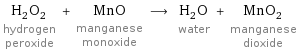 H_2O_2 hydrogen peroxide + MnO manganese monoxide ⟶ H_2O water + MnO_2 manganese dioxide