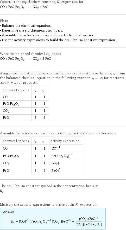 Construct the equilibrium constant, K, expression for: CO + FeO·Fe_2O_3 ⟶ CO_2 + FeO Plan: • Balance the chemical equation. • Determine the stoichiometric numbers. • Assemble the activity expression for each chemical species. • Use the activity expressions to build the equilibrium constant expression. Write the balanced chemical equation: CO + FeO·Fe_2O_3 ⟶ CO_2 + 3 FeO Assign stoichiometric numbers, ν_i, using the stoichiometric coefficients, c_i, from the balanced chemical equation in the following manner: ν_i = -c_i for reactants and ν_i = c_i for products: chemical species | c_i | ν_i CO | 1 | -1 FeO·Fe_2O_3 | 1 | -1 CO_2 | 1 | 1 FeO | 3 | 3 Assemble the activity expressions accounting for the state of matter and ν_i: chemical species | c_i | ν_i | activity expression CO | 1 | -1 | ([CO])^(-1) FeO·Fe_2O_3 | 1 | -1 | ([FeO·Fe2O3])^(-1) CO_2 | 1 | 1 | [CO2] FeO | 3 | 3 | ([FeO])^3 The equilibrium constant symbol in the concentration basis is: K_c Mulitply the activity expressions to arrive at the K_c expression: Answer: |   | K_c = ([CO])^(-1) ([FeO·Fe2O3])^(-1) [CO2] ([FeO])^3 = ([CO2] ([FeO])^3)/([CO] [FeO·Fe2O3])