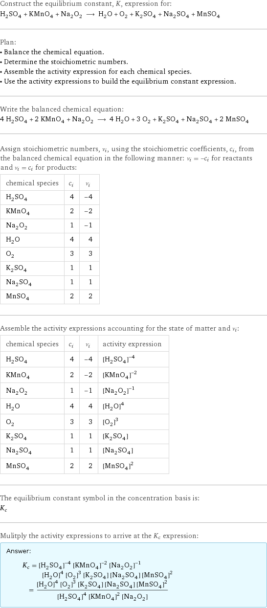 Construct the equilibrium constant, K, expression for: H_2SO_4 + KMnO_4 + Na_2O_2 ⟶ H_2O + O_2 + K_2SO_4 + Na_2SO_4 + MnSO_4 Plan: • Balance the chemical equation. • Determine the stoichiometric numbers. • Assemble the activity expression for each chemical species. • Use the activity expressions to build the equilibrium constant expression. Write the balanced chemical equation: 4 H_2SO_4 + 2 KMnO_4 + Na_2O_2 ⟶ 4 H_2O + 3 O_2 + K_2SO_4 + Na_2SO_4 + 2 MnSO_4 Assign stoichiometric numbers, ν_i, using the stoichiometric coefficients, c_i, from the balanced chemical equation in the following manner: ν_i = -c_i for reactants and ν_i = c_i for products: chemical species | c_i | ν_i H_2SO_4 | 4 | -4 KMnO_4 | 2 | -2 Na_2O_2 | 1 | -1 H_2O | 4 | 4 O_2 | 3 | 3 K_2SO_4 | 1 | 1 Na_2SO_4 | 1 | 1 MnSO_4 | 2 | 2 Assemble the activity expressions accounting for the state of matter and ν_i: chemical species | c_i | ν_i | activity expression H_2SO_4 | 4 | -4 | ([H2SO4])^(-4) KMnO_4 | 2 | -2 | ([KMnO4])^(-2) Na_2O_2 | 1 | -1 | ([Na2O2])^(-1) H_2O | 4 | 4 | ([H2O])^4 O_2 | 3 | 3 | ([O2])^3 K_2SO_4 | 1 | 1 | [K2SO4] Na_2SO_4 | 1 | 1 | [Na2SO4] MnSO_4 | 2 | 2 | ([MnSO4])^2 The equilibrium constant symbol in the concentration basis is: K_c Mulitply the activity expressions to arrive at the K_c expression: Answer: |   | K_c = ([H2SO4])^(-4) ([KMnO4])^(-2) ([Na2O2])^(-1) ([H2O])^4 ([O2])^3 [K2SO4] [Na2SO4] ([MnSO4])^2 = (([H2O])^4 ([O2])^3 [K2SO4] [Na2SO4] ([MnSO4])^2)/(([H2SO4])^4 ([KMnO4])^2 [Na2O2])