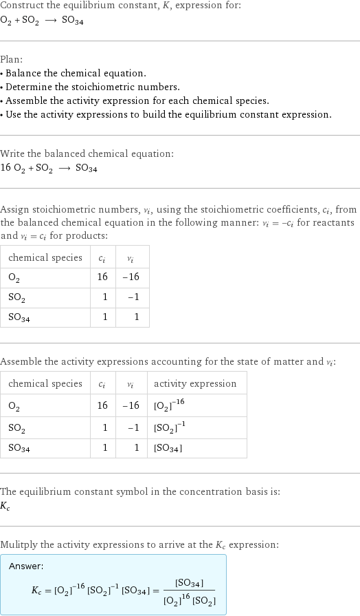 Construct the equilibrium constant, K, expression for: O_2 + SO_2 ⟶ SO34 Plan: • Balance the chemical equation. • Determine the stoichiometric numbers. • Assemble the activity expression for each chemical species. • Use the activity expressions to build the equilibrium constant expression. Write the balanced chemical equation: 16 O_2 + SO_2 ⟶ SO34 Assign stoichiometric numbers, ν_i, using the stoichiometric coefficients, c_i, from the balanced chemical equation in the following manner: ν_i = -c_i for reactants and ν_i = c_i for products: chemical species | c_i | ν_i O_2 | 16 | -16 SO_2 | 1 | -1 SO34 | 1 | 1 Assemble the activity expressions accounting for the state of matter and ν_i: chemical species | c_i | ν_i | activity expression O_2 | 16 | -16 | ([O2])^(-16) SO_2 | 1 | -1 | ([SO2])^(-1) SO34 | 1 | 1 | [SO34] The equilibrium constant symbol in the concentration basis is: K_c Mulitply the activity expressions to arrive at the K_c expression: Answer: |   | K_c = ([O2])^(-16) ([SO2])^(-1) [SO34] = ([SO34])/(([O2])^16 [SO2])