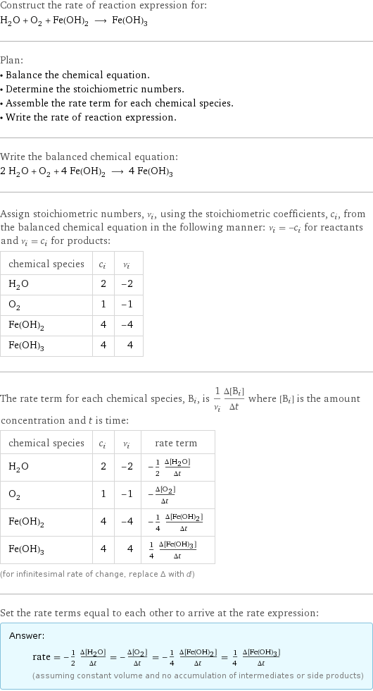 Construct the rate of reaction expression for: H_2O + O_2 + Fe(OH)_2 ⟶ Fe(OH)_3 Plan: • Balance the chemical equation. • Determine the stoichiometric numbers. • Assemble the rate term for each chemical species. • Write the rate of reaction expression. Write the balanced chemical equation: 2 H_2O + O_2 + 4 Fe(OH)_2 ⟶ 4 Fe(OH)_3 Assign stoichiometric numbers, ν_i, using the stoichiometric coefficients, c_i, from the balanced chemical equation in the following manner: ν_i = -c_i for reactants and ν_i = c_i for products: chemical species | c_i | ν_i H_2O | 2 | -2 O_2 | 1 | -1 Fe(OH)_2 | 4 | -4 Fe(OH)_3 | 4 | 4 The rate term for each chemical species, B_i, is 1/ν_i(Δ[B_i])/(Δt) where [B_i] is the amount concentration and t is time: chemical species | c_i | ν_i | rate term H_2O | 2 | -2 | -1/2 (Δ[H2O])/(Δt) O_2 | 1 | -1 | -(Δ[O2])/(Δt) Fe(OH)_2 | 4 | -4 | -1/4 (Δ[Fe(OH)2])/(Δt) Fe(OH)_3 | 4 | 4 | 1/4 (Δ[Fe(OH)3])/(Δt) (for infinitesimal rate of change, replace Δ with d) Set the rate terms equal to each other to arrive at the rate expression: Answer: |   | rate = -1/2 (Δ[H2O])/(Δt) = -(Δ[O2])/(Δt) = -1/4 (Δ[Fe(OH)2])/(Δt) = 1/4 (Δ[Fe(OH)3])/(Δt) (assuming constant volume and no accumulation of intermediates or side products)