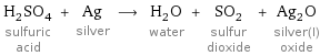 H_2SO_4 sulfuric acid + Ag silver ⟶ H_2O water + SO_2 sulfur dioxide + Ag_2O silver(I) oxide