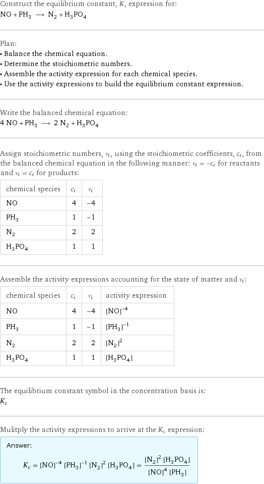 Construct the equilibrium constant, K, expression for: NO + PH_3 ⟶ N_2 + H_3PO_4 Plan: • Balance the chemical equation. • Determine the stoichiometric numbers. • Assemble the activity expression for each chemical species. • Use the activity expressions to build the equilibrium constant expression. Write the balanced chemical equation: 4 NO + PH_3 ⟶ 2 N_2 + H_3PO_4 Assign stoichiometric numbers, ν_i, using the stoichiometric coefficients, c_i, from the balanced chemical equation in the following manner: ν_i = -c_i for reactants and ν_i = c_i for products: chemical species | c_i | ν_i NO | 4 | -4 PH_3 | 1 | -1 N_2 | 2 | 2 H_3PO_4 | 1 | 1 Assemble the activity expressions accounting for the state of matter and ν_i: chemical species | c_i | ν_i | activity expression NO | 4 | -4 | ([NO])^(-4) PH_3 | 1 | -1 | ([PH3])^(-1) N_2 | 2 | 2 | ([N2])^2 H_3PO_4 | 1 | 1 | [H3PO4] The equilibrium constant symbol in the concentration basis is: K_c Mulitply the activity expressions to arrive at the K_c expression: Answer: |   | K_c = ([NO])^(-4) ([PH3])^(-1) ([N2])^2 [H3PO4] = (([N2])^2 [H3PO4])/(([NO])^4 [PH3])