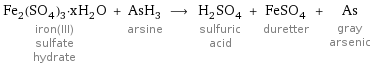 Fe_2(SO_4)_3·xH_2O iron(III) sulfate hydrate + AsH_3 arsine ⟶ H_2SO_4 sulfuric acid + FeSO_4 duretter + As gray arsenic