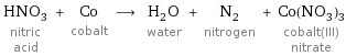 HNO_3 nitric acid + Co cobalt ⟶ H_2O water + N_2 nitrogen + Co(NO_3)_3 cobalt(III) nitrate