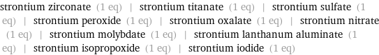strontium zirconate (1 eq) | strontium titanate (1 eq) | strontium sulfate (1 eq) | strontium peroxide (1 eq) | strontium oxalate (1 eq) | strontium nitrate (1 eq) | strontium molybdate (1 eq) | strontium lanthanum aluminate (1 eq) | strontium isopropoxide (1 eq) | strontium iodide (1 eq)