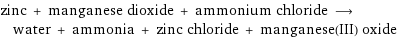 zinc + manganese dioxide + ammonium chloride ⟶ water + ammonia + zinc chloride + manganese(III) oxide