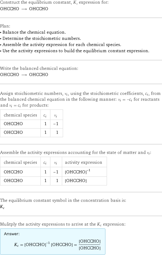 Construct the equilibrium constant, K, expression for: OHCCHO ⟶ OHCCHO Plan: • Balance the chemical equation. • Determine the stoichiometric numbers. • Assemble the activity expression for each chemical species. • Use the activity expressions to build the equilibrium constant expression. Write the balanced chemical equation: OHCCHO ⟶ OHCCHO Assign stoichiometric numbers, ν_i, using the stoichiometric coefficients, c_i, from the balanced chemical equation in the following manner: ν_i = -c_i for reactants and ν_i = c_i for products: chemical species | c_i | ν_i OHCCHO | 1 | -1 OHCCHO | 1 | 1 Assemble the activity expressions accounting for the state of matter and ν_i: chemical species | c_i | ν_i | activity expression OHCCHO | 1 | -1 | ([OHCCHO])^(-1) OHCCHO | 1 | 1 | [OHCCHO] The equilibrium constant symbol in the concentration basis is: K_c Mulitply the activity expressions to arrive at the K_c expression: Answer: |   | K_c = ([OHCCHO])^(-1) [OHCCHO] = ([OHCCHO])/([OHCCHO])