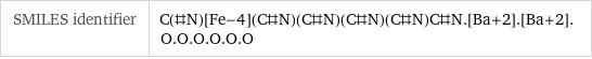 SMILES identifier | C(#N)[Fe-4](C#N)(C#N)(C#N)(C#N)C#N.[Ba+2].[Ba+2].O.O.O.O.O.O