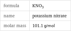 formula | KNO_3 name | potassium nitrate molar mass | 101.1 g/mol