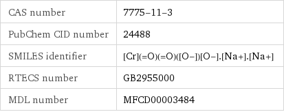CAS number | 7775-11-3 PubChem CID number | 24488 SMILES identifier | [Cr](=O)(=O)([O-])[O-].[Na+].[Na+] RTECS number | GB2955000 MDL number | MFCD00003484