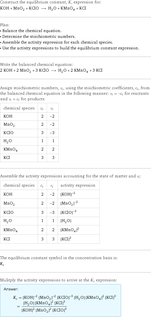 Construct the equilibrium constant, K, expression for: KOH + MnO_2 + KClO ⟶ H_2O + KMnO_4 + KCl Plan: • Balance the chemical equation. • Determine the stoichiometric numbers. • Assemble the activity expression for each chemical species. • Use the activity expressions to build the equilibrium constant expression. Write the balanced chemical equation: 2 KOH + 2 MnO_2 + 3 KClO ⟶ H_2O + 2 KMnO_4 + 3 KCl Assign stoichiometric numbers, ν_i, using the stoichiometric coefficients, c_i, from the balanced chemical equation in the following manner: ν_i = -c_i for reactants and ν_i = c_i for products: chemical species | c_i | ν_i KOH | 2 | -2 MnO_2 | 2 | -2 KClO | 3 | -3 H_2O | 1 | 1 KMnO_4 | 2 | 2 KCl | 3 | 3 Assemble the activity expressions accounting for the state of matter and ν_i: chemical species | c_i | ν_i | activity expression KOH | 2 | -2 | ([KOH])^(-2) MnO_2 | 2 | -2 | ([MnO2])^(-2) KClO | 3 | -3 | ([KClO])^(-3) H_2O | 1 | 1 | [H2O] KMnO_4 | 2 | 2 | ([KMnO4])^2 KCl | 3 | 3 | ([KCl])^3 The equilibrium constant symbol in the concentration basis is: K_c Mulitply the activity expressions to arrive at the K_c expression: Answer: |   | K_c = ([KOH])^(-2) ([MnO2])^(-2) ([KClO])^(-3) [H2O] ([KMnO4])^2 ([KCl])^3 = ([H2O] ([KMnO4])^2 ([KCl])^3)/(([KOH])^2 ([MnO2])^2 ([KClO])^3)