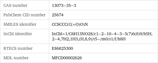 CAS number | 13073-35-3 PubChem CID number | 25674 SMILES identifier | CCSCCC(C(=O)O)N InChI identifier | InChI=1/C6H13NO2S/c1-2-10-4-3-5(7)6(8)9/h5H, 2-4, 7H2, 1H3, (H, 8, 9)/t5-/m0/s1/f/h8H RTECS number | ES6825300 MDL number | MFCD00002626