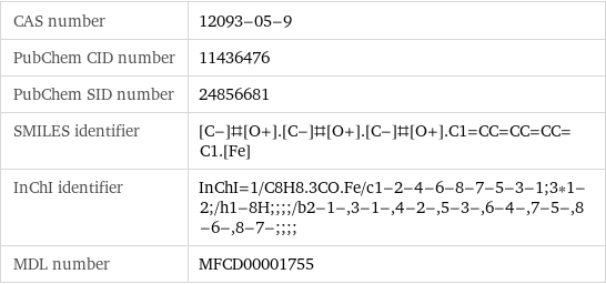 CAS number | 12093-05-9 PubChem CID number | 11436476 PubChem SID number | 24856681 SMILES identifier | [C-]#[O+].[C-]#[O+].[C-]#[O+].C1=CC=CC=CC=C1.[Fe] InChI identifier | InChI=1/C8H8.3CO.Fe/c1-2-4-6-8-7-5-3-1;3*1-2;/h1-8H;;;;/b2-1-, 3-1-, 4-2-, 5-3-, 6-4-, 7-5-, 8-6-, 8-7-;;;; MDL number | MFCD00001755