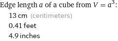 Edge length a of a cube from V = a^3:  | 13 cm (centimeters)  | 0.41 feet  | 4.9 inches