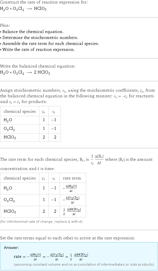 Construct the rate of reaction expression for: H_2O + O_3Cl_2 ⟶ HClO2 Plan: • Balance the chemical equation. • Determine the stoichiometric numbers. • Assemble the rate term for each chemical species. • Write the rate of reaction expression. Write the balanced chemical equation: H_2O + O_3Cl_2 ⟶ 2 HClO2 Assign stoichiometric numbers, ν_i, using the stoichiometric coefficients, c_i, from the balanced chemical equation in the following manner: ν_i = -c_i for reactants and ν_i = c_i for products: chemical species | c_i | ν_i H_2O | 1 | -1 O_3Cl_2 | 1 | -1 HClO2 | 2 | 2 The rate term for each chemical species, B_i, is 1/ν_i(Δ[B_i])/(Δt) where [B_i] is the amount concentration and t is time: chemical species | c_i | ν_i | rate term H_2O | 1 | -1 | -(Δ[H2O])/(Δt) O_3Cl_2 | 1 | -1 | -(Δ[O3Cl2])/(Δt) HClO2 | 2 | 2 | 1/2 (Δ[HClO2])/(Δt) (for infinitesimal rate of change, replace Δ with d) Set the rate terms equal to each other to arrive at the rate expression: Answer: |   | rate = -(Δ[H2O])/(Δt) = -(Δ[O3Cl2])/(Δt) = 1/2 (Δ[HClO2])/(Δt) (assuming constant volume and no accumulation of intermediates or side products)