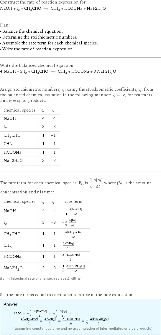 Construct the rate of reaction expression for: NaOH + I_2 + CH_3CHO ⟶ CHI_3 + HCOONa + NaI·2H_2O Plan: • Balance the chemical equation. • Determine the stoichiometric numbers. • Assemble the rate term for each chemical species. • Write the rate of reaction expression. Write the balanced chemical equation: 4 NaOH + 3 I_2 + CH_3CHO ⟶ CHI_3 + HCOONa + 3 NaI·2H_2O Assign stoichiometric numbers, ν_i, using the stoichiometric coefficients, c_i, from the balanced chemical equation in the following manner: ν_i = -c_i for reactants and ν_i = c_i for products: chemical species | c_i | ν_i NaOH | 4 | -4 I_2 | 3 | -3 CH_3CHO | 1 | -1 CHI_3 | 1 | 1 HCOONa | 1 | 1 NaI·2H_2O | 3 | 3 The rate term for each chemical species, B_i, is 1/ν_i(Δ[B_i])/(Δt) where [B_i] is the amount concentration and t is time: chemical species | c_i | ν_i | rate term NaOH | 4 | -4 | -1/4 (Δ[NaOH])/(Δt) I_2 | 3 | -3 | -1/3 (Δ[I2])/(Δt) CH_3CHO | 1 | -1 | -(Δ[CH3CHO])/(Δt) CHI_3 | 1 | 1 | (Δ[CHI3])/(Δt) HCOONa | 1 | 1 | (Δ[HCOONa])/(Δt) NaI·2H_2O | 3 | 3 | 1/3 (Δ[NaI·2H2O])/(Δt) (for infinitesimal rate of change, replace Δ with d) Set the rate terms equal to each other to arrive at the rate expression: Answer: |   | rate = -1/4 (Δ[NaOH])/(Δt) = -1/3 (Δ[I2])/(Δt) = -(Δ[CH3CHO])/(Δt) = (Δ[CHI3])/(Δt) = (Δ[HCOONa])/(Δt) = 1/3 (Δ[NaI·2H2O])/(Δt) (assuming constant volume and no accumulation of intermediates or side products)