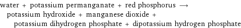 water + potassium permanganate + red phosphorus ⟶ potassium hydroxide + manganese dioxide + potassium dihydrogen phosphate + dipotassium hydrogen phosphate