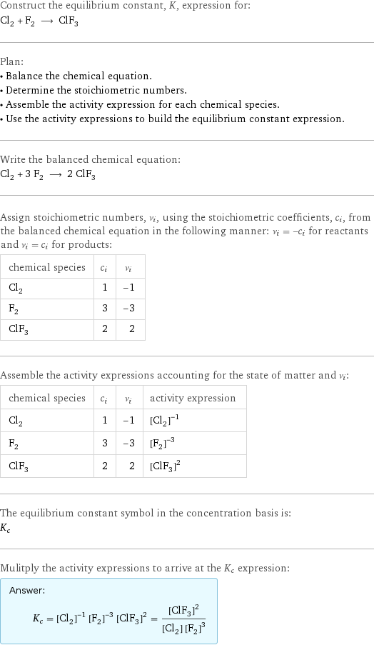 Construct the equilibrium constant, K, expression for: Cl_2 + F_2 ⟶ ClF_3 Plan: • Balance the chemical equation. • Determine the stoichiometric numbers. • Assemble the activity expression for each chemical species. • Use the activity expressions to build the equilibrium constant expression. Write the balanced chemical equation: Cl_2 + 3 F_2 ⟶ 2 ClF_3 Assign stoichiometric numbers, ν_i, using the stoichiometric coefficients, c_i, from the balanced chemical equation in the following manner: ν_i = -c_i for reactants and ν_i = c_i for products: chemical species | c_i | ν_i Cl_2 | 1 | -1 F_2 | 3 | -3 ClF_3 | 2 | 2 Assemble the activity expressions accounting for the state of matter and ν_i: chemical species | c_i | ν_i | activity expression Cl_2 | 1 | -1 | ([Cl2])^(-1) F_2 | 3 | -3 | ([F2])^(-3) ClF_3 | 2 | 2 | ([ClF3])^2 The equilibrium constant symbol in the concentration basis is: K_c Mulitply the activity expressions to arrive at the K_c expression: Answer: |   | K_c = ([Cl2])^(-1) ([F2])^(-3) ([ClF3])^2 = ([ClF3])^2/([Cl2] ([F2])^3)