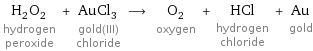 H_2O_2 hydrogen peroxide + AuCl_3 gold(III) chloride ⟶ O_2 oxygen + HCl hydrogen chloride + Au gold