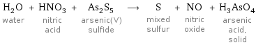 H_2O water + HNO_3 nitric acid + As_2S_5 arsenic(V) sulfide ⟶ S mixed sulfur + NO nitric oxide + H_3AsO_4 arsenic acid, solid