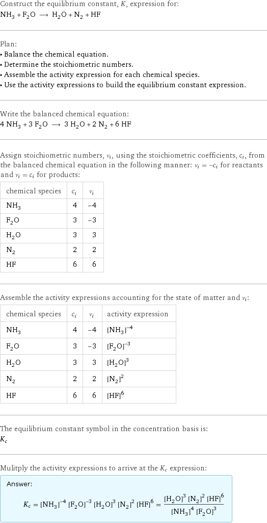 Construct the equilibrium constant, K, expression for: NH_3 + F_2O ⟶ H_2O + N_2 + HF Plan: • Balance the chemical equation. • Determine the stoichiometric numbers. • Assemble the activity expression for each chemical species. • Use the activity expressions to build the equilibrium constant expression. Write the balanced chemical equation: 4 NH_3 + 3 F_2O ⟶ 3 H_2O + 2 N_2 + 6 HF Assign stoichiometric numbers, ν_i, using the stoichiometric coefficients, c_i, from the balanced chemical equation in the following manner: ν_i = -c_i for reactants and ν_i = c_i for products: chemical species | c_i | ν_i NH_3 | 4 | -4 F_2O | 3 | -3 H_2O | 3 | 3 N_2 | 2 | 2 HF | 6 | 6 Assemble the activity expressions accounting for the state of matter and ν_i: chemical species | c_i | ν_i | activity expression NH_3 | 4 | -4 | ([NH3])^(-4) F_2O | 3 | -3 | ([F2O])^(-3) H_2O | 3 | 3 | ([H2O])^3 N_2 | 2 | 2 | ([N2])^2 HF | 6 | 6 | ([HF])^6 The equilibrium constant symbol in the concentration basis is: K_c Mulitply the activity expressions to arrive at the K_c expression: Answer: |   | K_c = ([NH3])^(-4) ([F2O])^(-3) ([H2O])^3 ([N2])^2 ([HF])^6 = (([H2O])^3 ([N2])^2 ([HF])^6)/(([NH3])^4 ([F2O])^3)