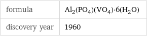 formula | Al_2(PO_4)(VO_4)·6(H_2O) discovery year | 1960