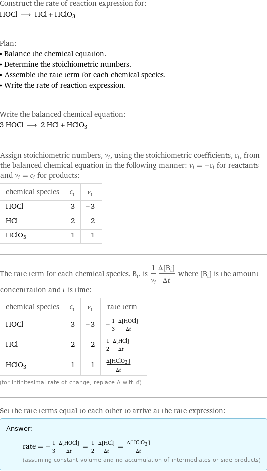 Construct the rate of reaction expression for: HOCl ⟶ HCl + HClO3 Plan: • Balance the chemical equation. • Determine the stoichiometric numbers. • Assemble the rate term for each chemical species. • Write the rate of reaction expression. Write the balanced chemical equation: 3 HOCl ⟶ 2 HCl + HClO3 Assign stoichiometric numbers, ν_i, using the stoichiometric coefficients, c_i, from the balanced chemical equation in the following manner: ν_i = -c_i for reactants and ν_i = c_i for products: chemical species | c_i | ν_i HOCl | 3 | -3 HCl | 2 | 2 HClO3 | 1 | 1 The rate term for each chemical species, B_i, is 1/ν_i(Δ[B_i])/(Δt) where [B_i] is the amount concentration and t is time: chemical species | c_i | ν_i | rate term HOCl | 3 | -3 | -1/3 (Δ[HOCl])/(Δt) HCl | 2 | 2 | 1/2 (Δ[HCl])/(Δt) HClO3 | 1 | 1 | (Δ[HClO3])/(Δt) (for infinitesimal rate of change, replace Δ with d) Set the rate terms equal to each other to arrive at the rate expression: Answer: |   | rate = -1/3 (Δ[HOCl])/(Δt) = 1/2 (Δ[HCl])/(Δt) = (Δ[HClO3])/(Δt) (assuming constant volume and no accumulation of intermediates or side products)