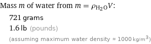 Mass m of water from m = ρ_(H_2O)V:  | 721 grams  | 1.6 lb (pounds)  | (assuming maximum water density ≈ 1000 kg/m^3)