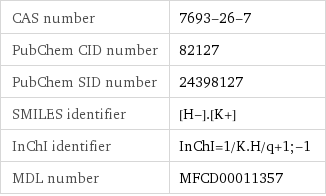 CAS number | 7693-26-7 PubChem CID number | 82127 PubChem SID number | 24398127 SMILES identifier | [H-].[K+] InChI identifier | InChI=1/K.H/q+1;-1 MDL number | MFCD00011357