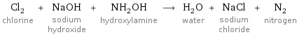 Cl_2 chlorine + NaOH sodium hydroxide + NH_2OH hydroxylamine ⟶ H_2O water + NaCl sodium chloride + N_2 nitrogen