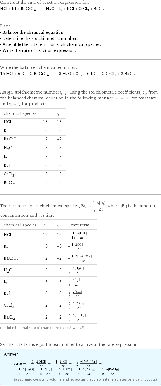 Construct the rate of reaction expression for: HCl + KI + BaCrO_4 ⟶ H_2O + I_2 + KCl + CrCl_3 + BaCl_2 Plan: • Balance the chemical equation. • Determine the stoichiometric numbers. • Assemble the rate term for each chemical species. • Write the rate of reaction expression. Write the balanced chemical equation: 16 HCl + 6 KI + 2 BaCrO_4 ⟶ 8 H_2O + 3 I_2 + 6 KCl + 2 CrCl_3 + 2 BaCl_2 Assign stoichiometric numbers, ν_i, using the stoichiometric coefficients, c_i, from the balanced chemical equation in the following manner: ν_i = -c_i for reactants and ν_i = c_i for products: chemical species | c_i | ν_i HCl | 16 | -16 KI | 6 | -6 BaCrO_4 | 2 | -2 H_2O | 8 | 8 I_2 | 3 | 3 KCl | 6 | 6 CrCl_3 | 2 | 2 BaCl_2 | 2 | 2 The rate term for each chemical species, B_i, is 1/ν_i(Δ[B_i])/(Δt) where [B_i] is the amount concentration and t is time: chemical species | c_i | ν_i | rate term HCl | 16 | -16 | -1/16 (Δ[HCl])/(Δt) KI | 6 | -6 | -1/6 (Δ[KI])/(Δt) BaCrO_4 | 2 | -2 | -1/2 (Δ[BaCrO4])/(Δt) H_2O | 8 | 8 | 1/8 (Δ[H2O])/(Δt) I_2 | 3 | 3 | 1/3 (Δ[I2])/(Δt) KCl | 6 | 6 | 1/6 (Δ[KCl])/(Δt) CrCl_3 | 2 | 2 | 1/2 (Δ[CrCl3])/(Δt) BaCl_2 | 2 | 2 | 1/2 (Δ[BaCl2])/(Δt) (for infinitesimal rate of change, replace Δ with d) Set the rate terms equal to each other to arrive at the rate expression: Answer: |   | rate = -1/16 (Δ[HCl])/(Δt) = -1/6 (Δ[KI])/(Δt) = -1/2 (Δ[BaCrO4])/(Δt) = 1/8 (Δ[H2O])/(Δt) = 1/3 (Δ[I2])/(Δt) = 1/6 (Δ[KCl])/(Δt) = 1/2 (Δ[CrCl3])/(Δt) = 1/2 (Δ[BaCl2])/(Δt) (assuming constant volume and no accumulation of intermediates or side products)