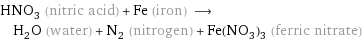 HNO_3 (nitric acid) + Fe (iron) ⟶ H_2O (water) + N_2 (nitrogen) + Fe(NO_3)_3 (ferric nitrate)