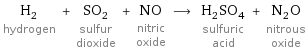 H_2 hydrogen + SO_2 sulfur dioxide + NO nitric oxide ⟶ H_2SO_4 sulfuric acid + N_2O nitrous oxide