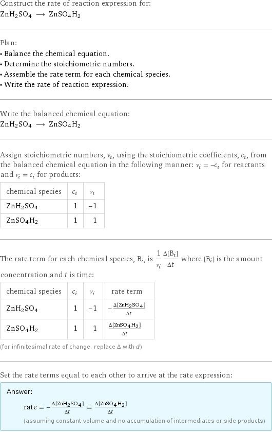 Construct the rate of reaction expression for: ZnH2SO4 ⟶ ZnSO4H2 Plan: • Balance the chemical equation. • Determine the stoichiometric numbers. • Assemble the rate term for each chemical species. • Write the rate of reaction expression. Write the balanced chemical equation: ZnH2SO4 ⟶ ZnSO4H2 Assign stoichiometric numbers, ν_i, using the stoichiometric coefficients, c_i, from the balanced chemical equation in the following manner: ν_i = -c_i for reactants and ν_i = c_i for products: chemical species | c_i | ν_i ZnH2SO4 | 1 | -1 ZnSO4H2 | 1 | 1 The rate term for each chemical species, B_i, is 1/ν_i(Δ[B_i])/(Δt) where [B_i] is the amount concentration and t is time: chemical species | c_i | ν_i | rate term ZnH2SO4 | 1 | -1 | -(Δ[ZnH2SO4])/(Δt) ZnSO4H2 | 1 | 1 | (Δ[ZnSO4H2])/(Δt) (for infinitesimal rate of change, replace Δ with d) Set the rate terms equal to each other to arrive at the rate expression: Answer: |   | rate = -(Δ[ZnH2SO4])/(Δt) = (Δ[ZnSO4H2])/(Δt) (assuming constant volume and no accumulation of intermediates or side products)