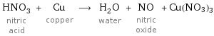 HNO_3 nitric acid + Cu copper ⟶ H_2O water + NO nitric oxide + Cu(NO3)3