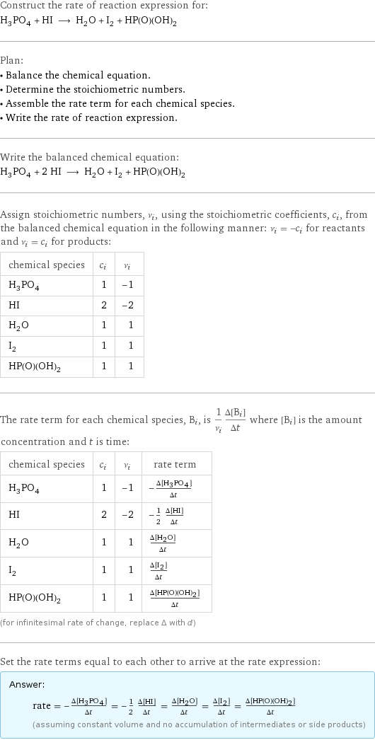 Construct the rate of reaction expression for: H_3PO_4 + HI ⟶ H_2O + I_2 + HP(O)(OH)_2 Plan: • Balance the chemical equation. • Determine the stoichiometric numbers. • Assemble the rate term for each chemical species. • Write the rate of reaction expression. Write the balanced chemical equation: H_3PO_4 + 2 HI ⟶ H_2O + I_2 + HP(O)(OH)_2 Assign stoichiometric numbers, ν_i, using the stoichiometric coefficients, c_i, from the balanced chemical equation in the following manner: ν_i = -c_i for reactants and ν_i = c_i for products: chemical species | c_i | ν_i H_3PO_4 | 1 | -1 HI | 2 | -2 H_2O | 1 | 1 I_2 | 1 | 1 HP(O)(OH)_2 | 1 | 1 The rate term for each chemical species, B_i, is 1/ν_i(Δ[B_i])/(Δt) where [B_i] is the amount concentration and t is time: chemical species | c_i | ν_i | rate term H_3PO_4 | 1 | -1 | -(Δ[H3PO4])/(Δt) HI | 2 | -2 | -1/2 (Δ[HI])/(Δt) H_2O | 1 | 1 | (Δ[H2O])/(Δt) I_2 | 1 | 1 | (Δ[I2])/(Δt) HP(O)(OH)_2 | 1 | 1 | (Δ[HP(O)(OH)2])/(Δt) (for infinitesimal rate of change, replace Δ with d) Set the rate terms equal to each other to arrive at the rate expression: Answer: |   | rate = -(Δ[H3PO4])/(Δt) = -1/2 (Δ[HI])/(Δt) = (Δ[H2O])/(Δt) = (Δ[I2])/(Δt) = (Δ[HP(O)(OH)2])/(Δt) (assuming constant volume and no accumulation of intermediates or side products)