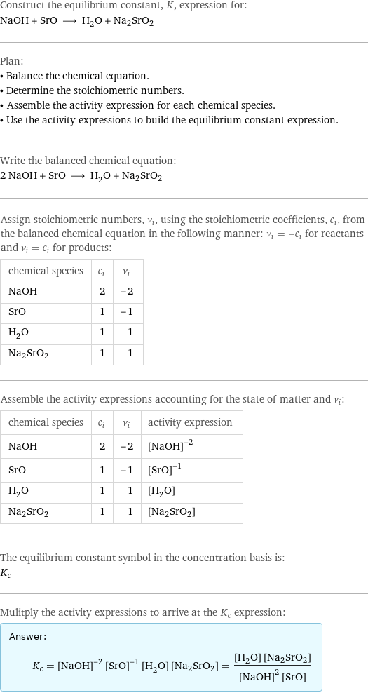 Construct the equilibrium constant, K, expression for: NaOH + SrO ⟶ H_2O + Na2SrO2 Plan: • Balance the chemical equation. • Determine the stoichiometric numbers. • Assemble the activity expression for each chemical species. • Use the activity expressions to build the equilibrium constant expression. Write the balanced chemical equation: 2 NaOH + SrO ⟶ H_2O + Na2SrO2 Assign stoichiometric numbers, ν_i, using the stoichiometric coefficients, c_i, from the balanced chemical equation in the following manner: ν_i = -c_i for reactants and ν_i = c_i for products: chemical species | c_i | ν_i NaOH | 2 | -2 SrO | 1 | -1 H_2O | 1 | 1 Na2SrO2 | 1 | 1 Assemble the activity expressions accounting for the state of matter and ν_i: chemical species | c_i | ν_i | activity expression NaOH | 2 | -2 | ([NaOH])^(-2) SrO | 1 | -1 | ([SrO])^(-1) H_2O | 1 | 1 | [H2O] Na2SrO2 | 1 | 1 | [Na2SrO2] The equilibrium constant symbol in the concentration basis is: K_c Mulitply the activity expressions to arrive at the K_c expression: Answer: |   | K_c = ([NaOH])^(-2) ([SrO])^(-1) [H2O] [Na2SrO2] = ([H2O] [Na2SrO2])/(([NaOH])^2 [SrO])