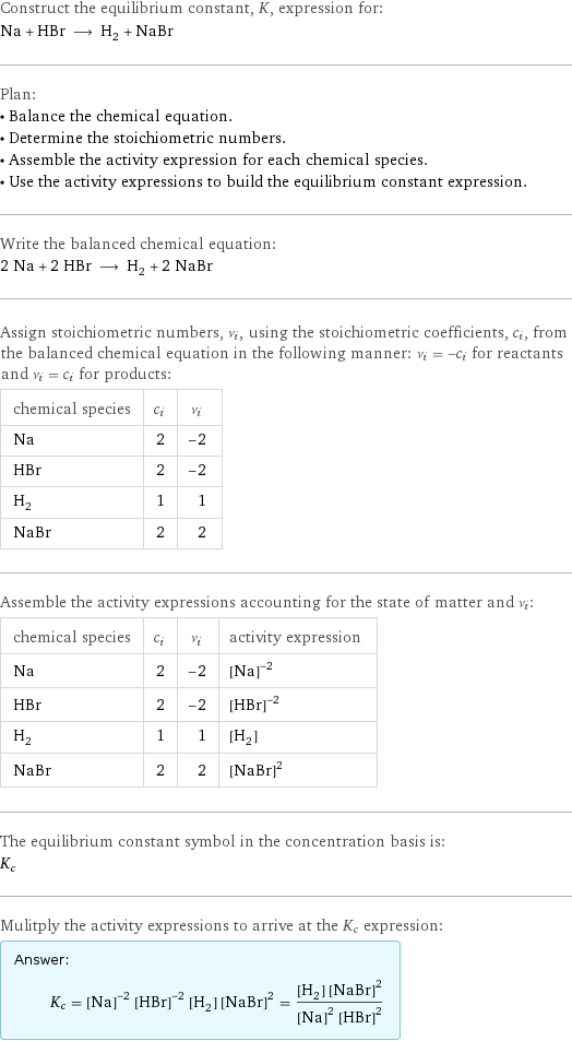 Construct the equilibrium constant, K, expression for: Na + HBr ⟶ H_2 + NaBr Plan: • Balance the chemical equation. • Determine the stoichiometric numbers. • Assemble the activity expression for each chemical species. • Use the activity expressions to build the equilibrium constant expression. Write the balanced chemical equation: 2 Na + 2 HBr ⟶ H_2 + 2 NaBr Assign stoichiometric numbers, ν_i, using the stoichiometric coefficients, c_i, from the balanced chemical equation in the following manner: ν_i = -c_i for reactants and ν_i = c_i for products: chemical species | c_i | ν_i Na | 2 | -2 HBr | 2 | -2 H_2 | 1 | 1 NaBr | 2 | 2 Assemble the activity expressions accounting for the state of matter and ν_i: chemical species | c_i | ν_i | activity expression Na | 2 | -2 | ([Na])^(-2) HBr | 2 | -2 | ([HBr])^(-2) H_2 | 1 | 1 | [H2] NaBr | 2 | 2 | ([NaBr])^2 The equilibrium constant symbol in the concentration basis is: K_c Mulitply the activity expressions to arrive at the K_c expression: Answer: |   | K_c = ([Na])^(-2) ([HBr])^(-2) [H2] ([NaBr])^2 = ([H2] ([NaBr])^2)/(([Na])^2 ([HBr])^2)