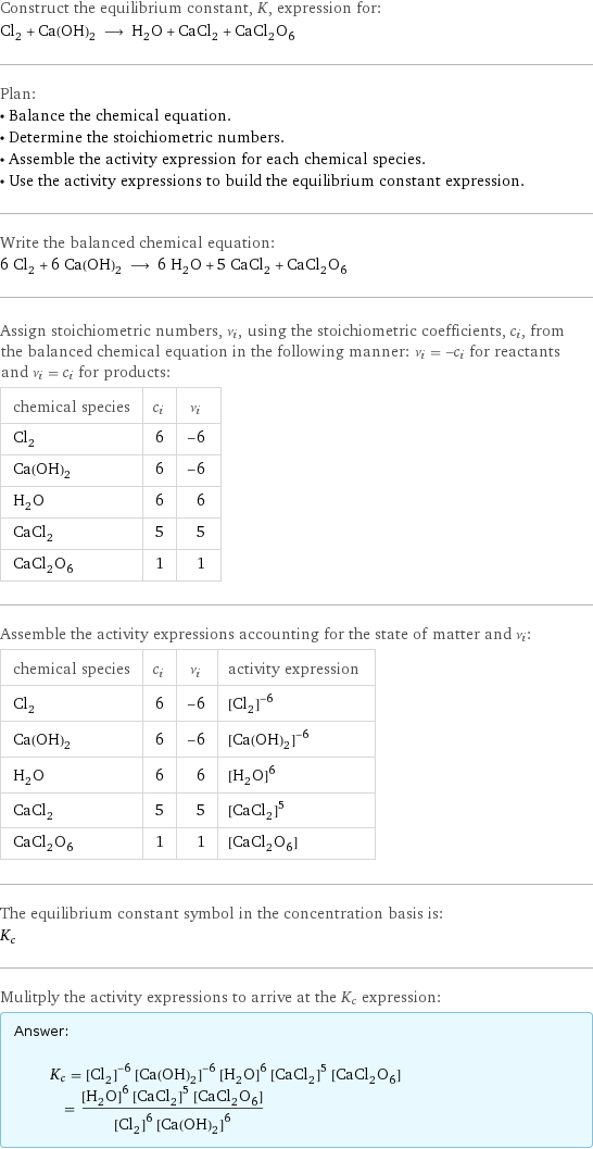 Construct the equilibrium constant, K, expression for: Cl_2 + Ca(OH)_2 ⟶ H_2O + CaCl_2 + CaCl_2O_6 Plan: • Balance the chemical equation. • Determine the stoichiometric numbers. • Assemble the activity expression for each chemical species. • Use the activity expressions to build the equilibrium constant expression. Write the balanced chemical equation: 6 Cl_2 + 6 Ca(OH)_2 ⟶ 6 H_2O + 5 CaCl_2 + CaCl_2O_6 Assign stoichiometric numbers, ν_i, using the stoichiometric coefficients, c_i, from the balanced chemical equation in the following manner: ν_i = -c_i for reactants and ν_i = c_i for products: chemical species | c_i | ν_i Cl_2 | 6 | -6 Ca(OH)_2 | 6 | -6 H_2O | 6 | 6 CaCl_2 | 5 | 5 CaCl_2O_6 | 1 | 1 Assemble the activity expressions accounting for the state of matter and ν_i: chemical species | c_i | ν_i | activity expression Cl_2 | 6 | -6 | ([Cl2])^(-6) Ca(OH)_2 | 6 | -6 | ([Ca(OH)2])^(-6) H_2O | 6 | 6 | ([H2O])^6 CaCl_2 | 5 | 5 | ([CaCl2])^5 CaCl_2O_6 | 1 | 1 | [CaCl2O6] The equilibrium constant symbol in the concentration basis is: K_c Mulitply the activity expressions to arrive at the K_c expression: Answer: |   | K_c = ([Cl2])^(-6) ([Ca(OH)2])^(-6) ([H2O])^6 ([CaCl2])^5 [CaCl2O6] = (([H2O])^6 ([CaCl2])^5 [CaCl2O6])/(([Cl2])^6 ([Ca(OH)2])^6)