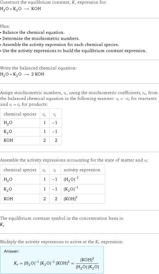 Construct the equilibrium constant, K, expression for: H_2O + K_2O ⟶ KOH Plan: • Balance the chemical equation. • Determine the stoichiometric numbers. • Assemble the activity expression for each chemical species. • Use the activity expressions to build the equilibrium constant expression. Write the balanced chemical equation: H_2O + K_2O ⟶ 2 KOH Assign stoichiometric numbers, ν_i, using the stoichiometric coefficients, c_i, from the balanced chemical equation in the following manner: ν_i = -c_i for reactants and ν_i = c_i for products: chemical species | c_i | ν_i H_2O | 1 | -1 K_2O | 1 | -1 KOH | 2 | 2 Assemble the activity expressions accounting for the state of matter and ν_i: chemical species | c_i | ν_i | activity expression H_2O | 1 | -1 | ([H2O])^(-1) K_2O | 1 | -1 | ([K2O])^(-1) KOH | 2 | 2 | ([KOH])^2 The equilibrium constant symbol in the concentration basis is: K_c Mulitply the activity expressions to arrive at the K_c expression: Answer: |   | K_c = ([H2O])^(-1) ([K2O])^(-1) ([KOH])^2 = ([KOH])^2/([H2O] [K2O])