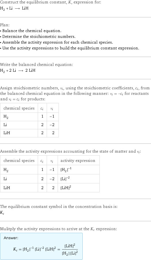 Construct the equilibrium constant, K, expression for: H_2 + Li ⟶ LiH Plan: • Balance the chemical equation. • Determine the stoichiometric numbers. • Assemble the activity expression for each chemical species. • Use the activity expressions to build the equilibrium constant expression. Write the balanced chemical equation: H_2 + 2 Li ⟶ 2 LiH Assign stoichiometric numbers, ν_i, using the stoichiometric coefficients, c_i, from the balanced chemical equation in the following manner: ν_i = -c_i for reactants and ν_i = c_i for products: chemical species | c_i | ν_i H_2 | 1 | -1 Li | 2 | -2 LiH | 2 | 2 Assemble the activity expressions accounting for the state of matter and ν_i: chemical species | c_i | ν_i | activity expression H_2 | 1 | -1 | ([H2])^(-1) Li | 2 | -2 | ([Li])^(-2) LiH | 2 | 2 | ([LiH])^2 The equilibrium constant symbol in the concentration basis is: K_c Mulitply the activity expressions to arrive at the K_c expression: Answer: |   | K_c = ([H2])^(-1) ([Li])^(-2) ([LiH])^2 = ([LiH])^2/([H2] ([Li])^2)