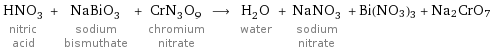 HNO_3 nitric acid + NaBiO_3 sodium bismuthate + CrN_3O_9 chromium nitrate ⟶ H_2O water + NaNO_3 sodium nitrate + Bi(NO3)3 + Na2CrO7