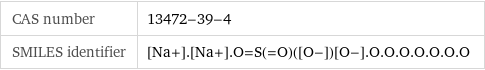 CAS number | 13472-39-4 SMILES identifier | [Na+].[Na+].O=S(=O)([O-])[O-].O.O.O.O.O.O.O