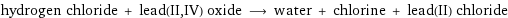 hydrogen chloride + lead(II, IV) oxide ⟶ water + chlorine + lead(II) chloride