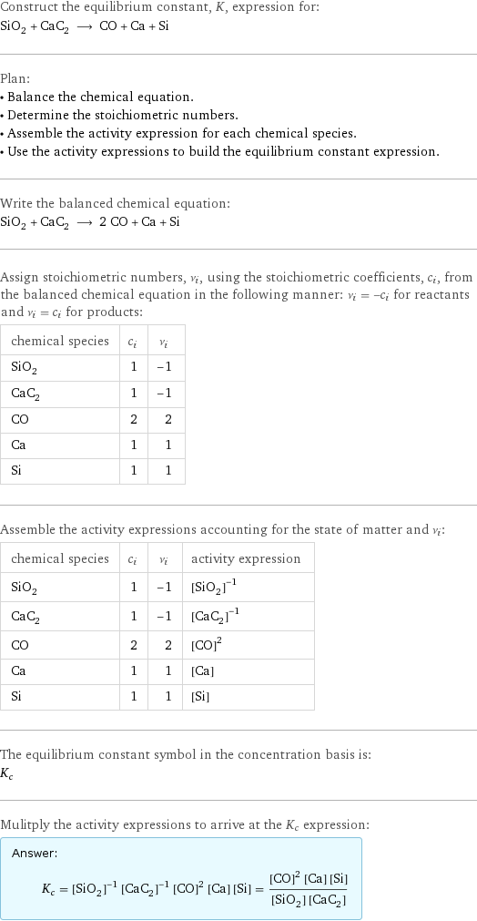 Construct the equilibrium constant, K, expression for: SiO_2 + CaC_2 ⟶ CO + Ca + Si Plan: • Balance the chemical equation. • Determine the stoichiometric numbers. • Assemble the activity expression for each chemical species. • Use the activity expressions to build the equilibrium constant expression. Write the balanced chemical equation: SiO_2 + CaC_2 ⟶ 2 CO + Ca + Si Assign stoichiometric numbers, ν_i, using the stoichiometric coefficients, c_i, from the balanced chemical equation in the following manner: ν_i = -c_i for reactants and ν_i = c_i for products: chemical species | c_i | ν_i SiO_2 | 1 | -1 CaC_2 | 1 | -1 CO | 2 | 2 Ca | 1 | 1 Si | 1 | 1 Assemble the activity expressions accounting for the state of matter and ν_i: chemical species | c_i | ν_i | activity expression SiO_2 | 1 | -1 | ([SiO2])^(-1) CaC_2 | 1 | -1 | ([CaC2])^(-1) CO | 2 | 2 | ([CO])^2 Ca | 1 | 1 | [Ca] Si | 1 | 1 | [Si] The equilibrium constant symbol in the concentration basis is: K_c Mulitply the activity expressions to arrive at the K_c expression: Answer: |   | K_c = ([SiO2])^(-1) ([CaC2])^(-1) ([CO])^2 [Ca] [Si] = (([CO])^2 [Ca] [Si])/([SiO2] [CaC2])