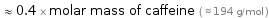  ≈ 0.4 × molar mass of caffeine ( ≈ 194 g/mol )