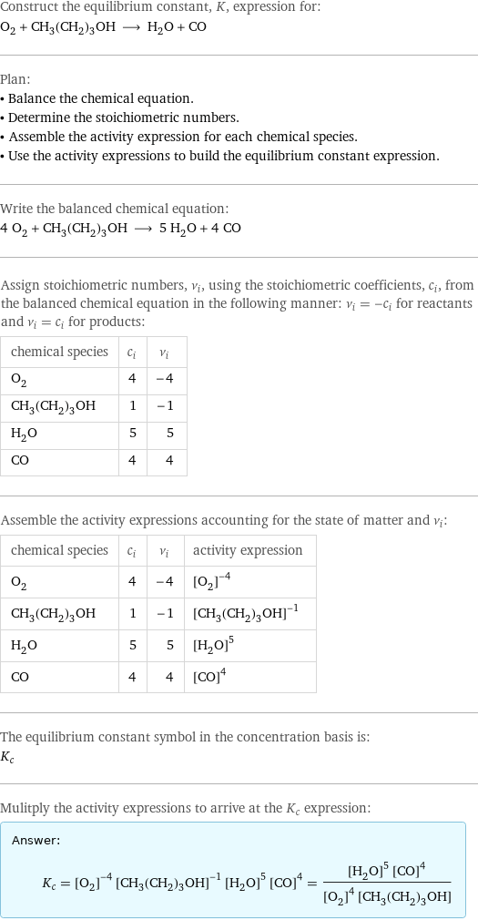 Construct the equilibrium constant, K, expression for: O_2 + CH_3(CH_2)_3OH ⟶ H_2O + CO Plan: • Balance the chemical equation. • Determine the stoichiometric numbers. • Assemble the activity expression for each chemical species. • Use the activity expressions to build the equilibrium constant expression. Write the balanced chemical equation: 4 O_2 + CH_3(CH_2)_3OH ⟶ 5 H_2O + 4 CO Assign stoichiometric numbers, ν_i, using the stoichiometric coefficients, c_i, from the balanced chemical equation in the following manner: ν_i = -c_i for reactants and ν_i = c_i for products: chemical species | c_i | ν_i O_2 | 4 | -4 CH_3(CH_2)_3OH | 1 | -1 H_2O | 5 | 5 CO | 4 | 4 Assemble the activity expressions accounting for the state of matter and ν_i: chemical species | c_i | ν_i | activity expression O_2 | 4 | -4 | ([O2])^(-4) CH_3(CH_2)_3OH | 1 | -1 | ([CH3(CH2)3OH])^(-1) H_2O | 5 | 5 | ([H2O])^5 CO | 4 | 4 | ([CO])^4 The equilibrium constant symbol in the concentration basis is: K_c Mulitply the activity expressions to arrive at the K_c expression: Answer: |   | K_c = ([O2])^(-4) ([CH3(CH2)3OH])^(-1) ([H2O])^5 ([CO])^4 = (([H2O])^5 ([CO])^4)/(([O2])^4 [CH3(CH2)3OH])