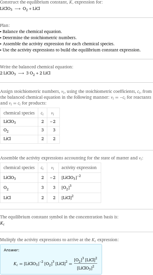 Construct the equilibrium constant, K, expression for: LiClO3 ⟶ O_2 + LiCl Plan: • Balance the chemical equation. • Determine the stoichiometric numbers. • Assemble the activity expression for each chemical species. • Use the activity expressions to build the equilibrium constant expression. Write the balanced chemical equation: 2 LiClO3 ⟶ 3 O_2 + 2 LiCl Assign stoichiometric numbers, ν_i, using the stoichiometric coefficients, c_i, from the balanced chemical equation in the following manner: ν_i = -c_i for reactants and ν_i = c_i for products: chemical species | c_i | ν_i LiClO3 | 2 | -2 O_2 | 3 | 3 LiCl | 2 | 2 Assemble the activity expressions accounting for the state of matter and ν_i: chemical species | c_i | ν_i | activity expression LiClO3 | 2 | -2 | ([LiClO3])^(-2) O_2 | 3 | 3 | ([O2])^3 LiCl | 2 | 2 | ([LiCl])^2 The equilibrium constant symbol in the concentration basis is: K_c Mulitply the activity expressions to arrive at the K_c expression: Answer: |   | K_c = ([LiClO3])^(-2) ([O2])^3 ([LiCl])^2 = (([O2])^3 ([LiCl])^2)/([LiClO3])^2